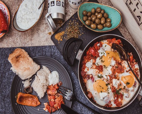 A healthy Mediterranean breakfast with olive oil and bread